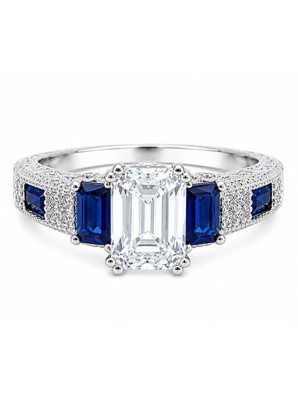 Created Blue & White Sapphire Ring 14k White Gold Plated